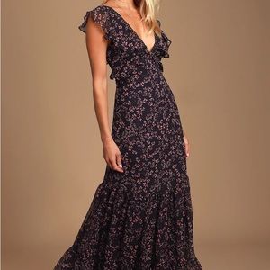 Lulus Darling Daydream Navy Blue Floral Print Ruffled Maxi Dress - Size XS